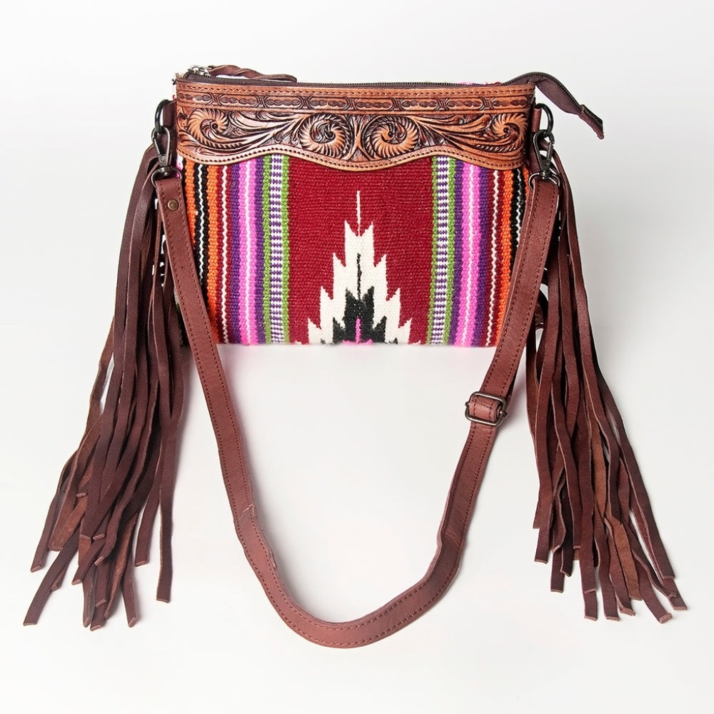 American Darling Southwestern Wool Crossbody Bag with Tooled Leather & Fringe -